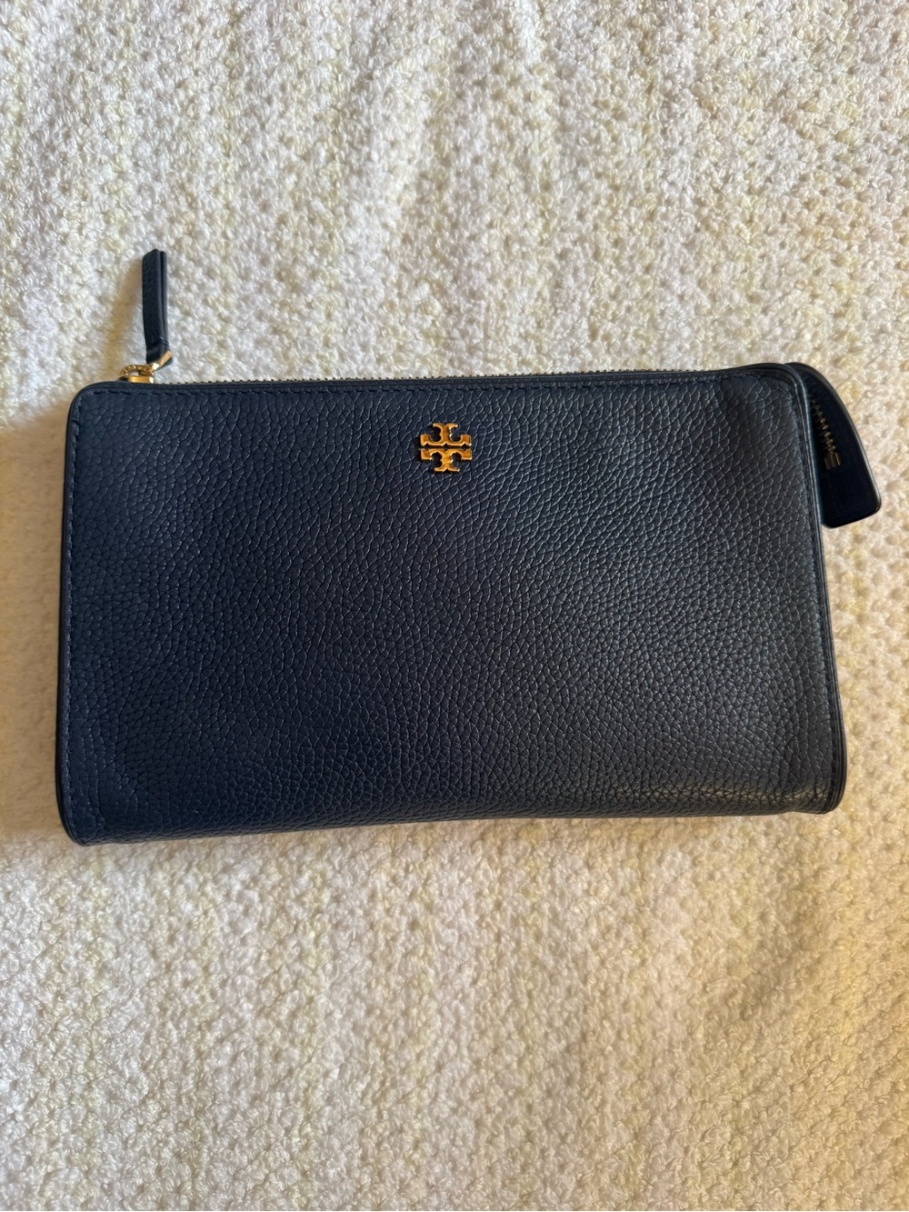 Tory Burch Black Pebbled Leather Zip Wristlet with Gold Logo